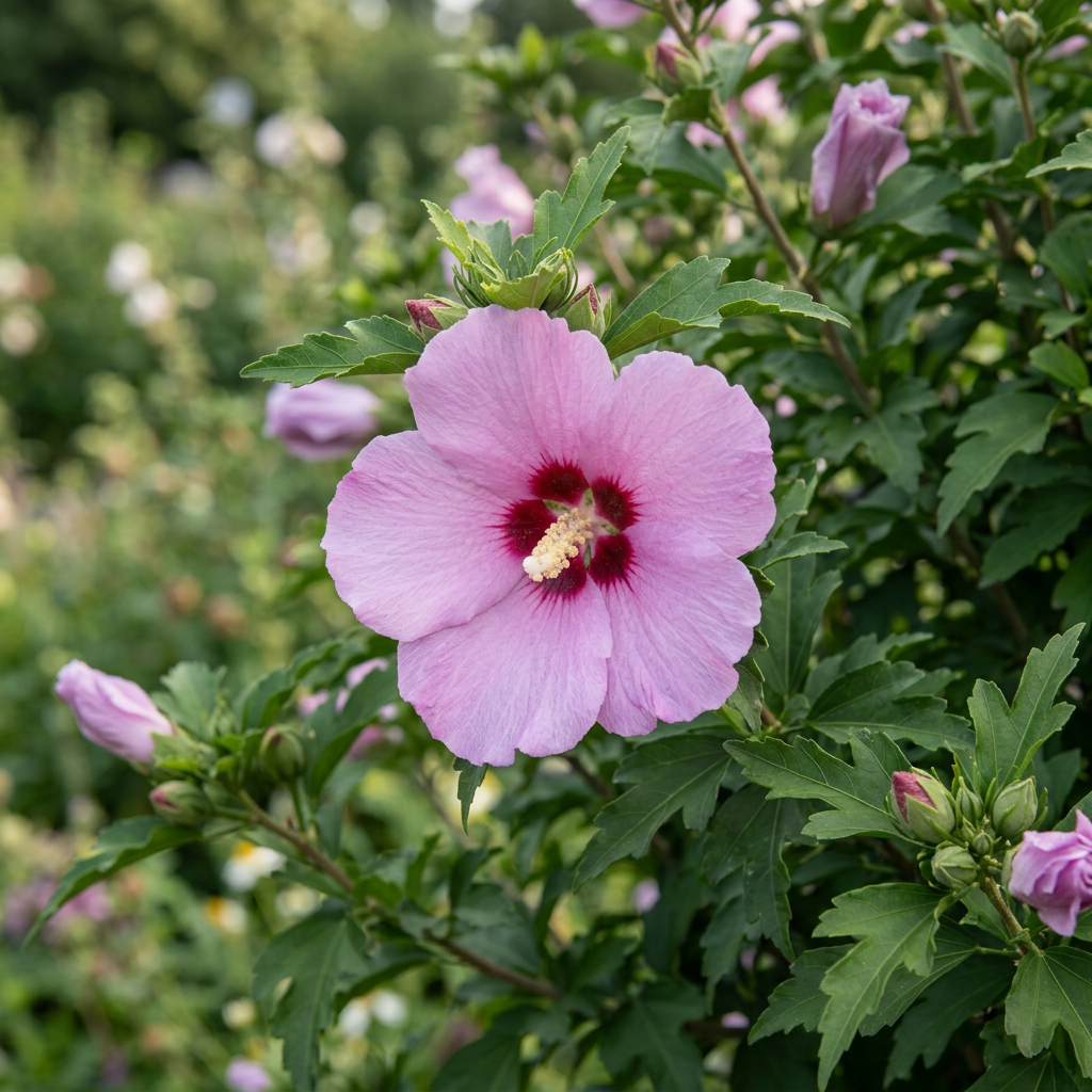 Pink hibiscus flower with red center and green leaves