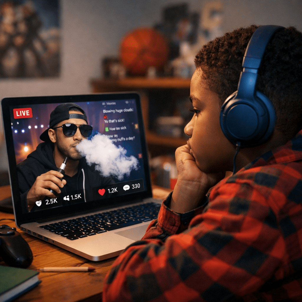 A boy wearing headphones watching a livestream of a man vaping on a laptop screen